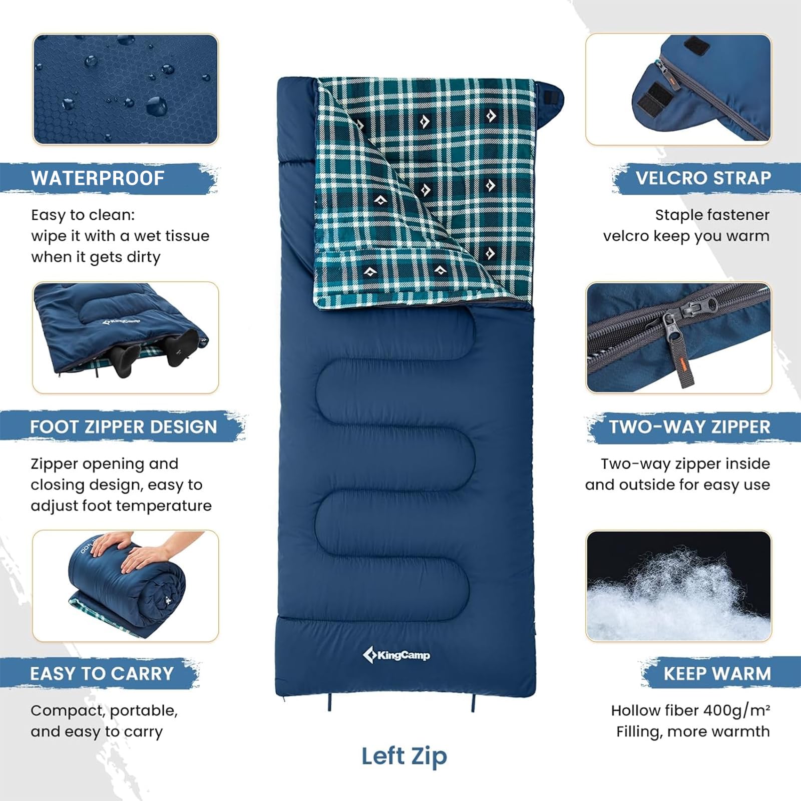 KingCamp SNOWFLAKE 400 Versatile All-Season Sleeping Bag ¨C Wide, Convertible to Double, Flannel Lined for Camping, Hiking, and Outdoor Adventures