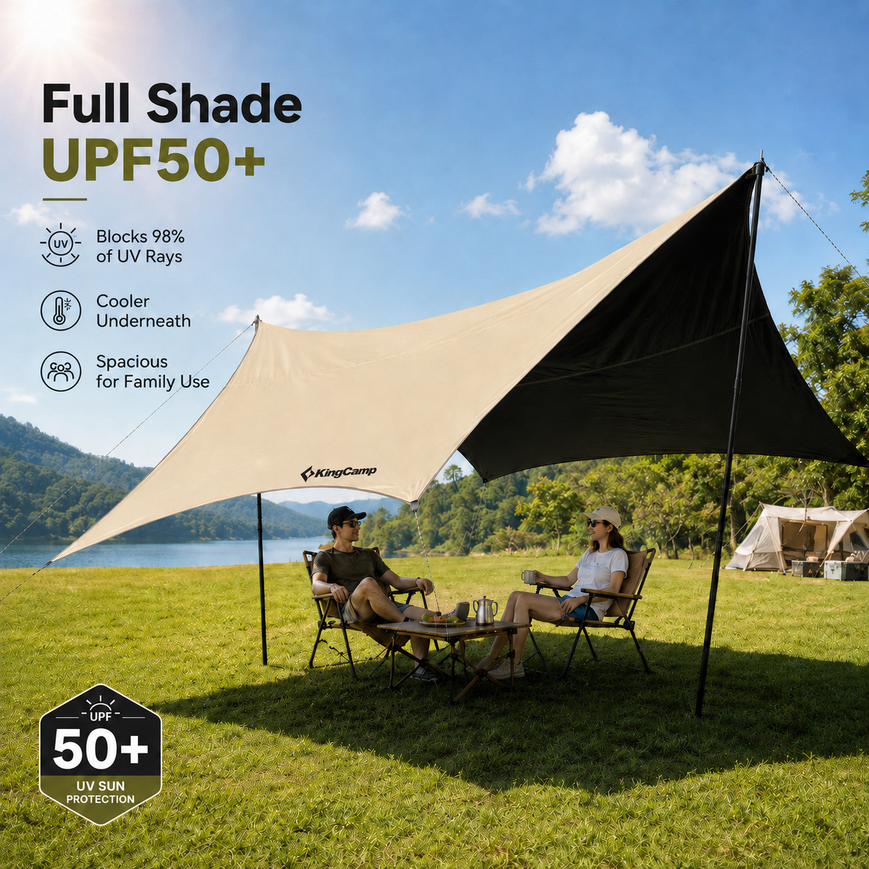 KingCamp Shield Hexa Tarp | 14.4ft x 14.4ft Blackout Sun Shelter with Hexagon Design, 210D Oxford Full Light-Blocking Canopy, PU3000mm Waterproof