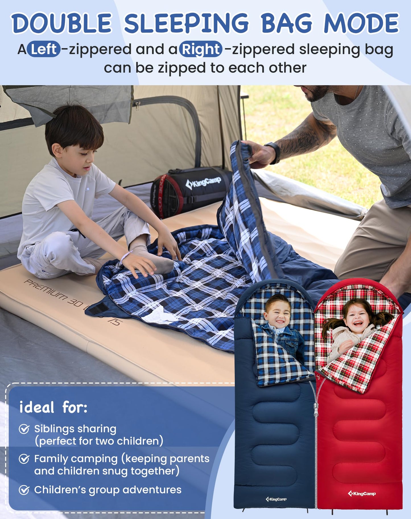 KingCamp CLOUDY Envelope Sleeping Bag with Hood for Children | Water-Resistant & Machine Washable