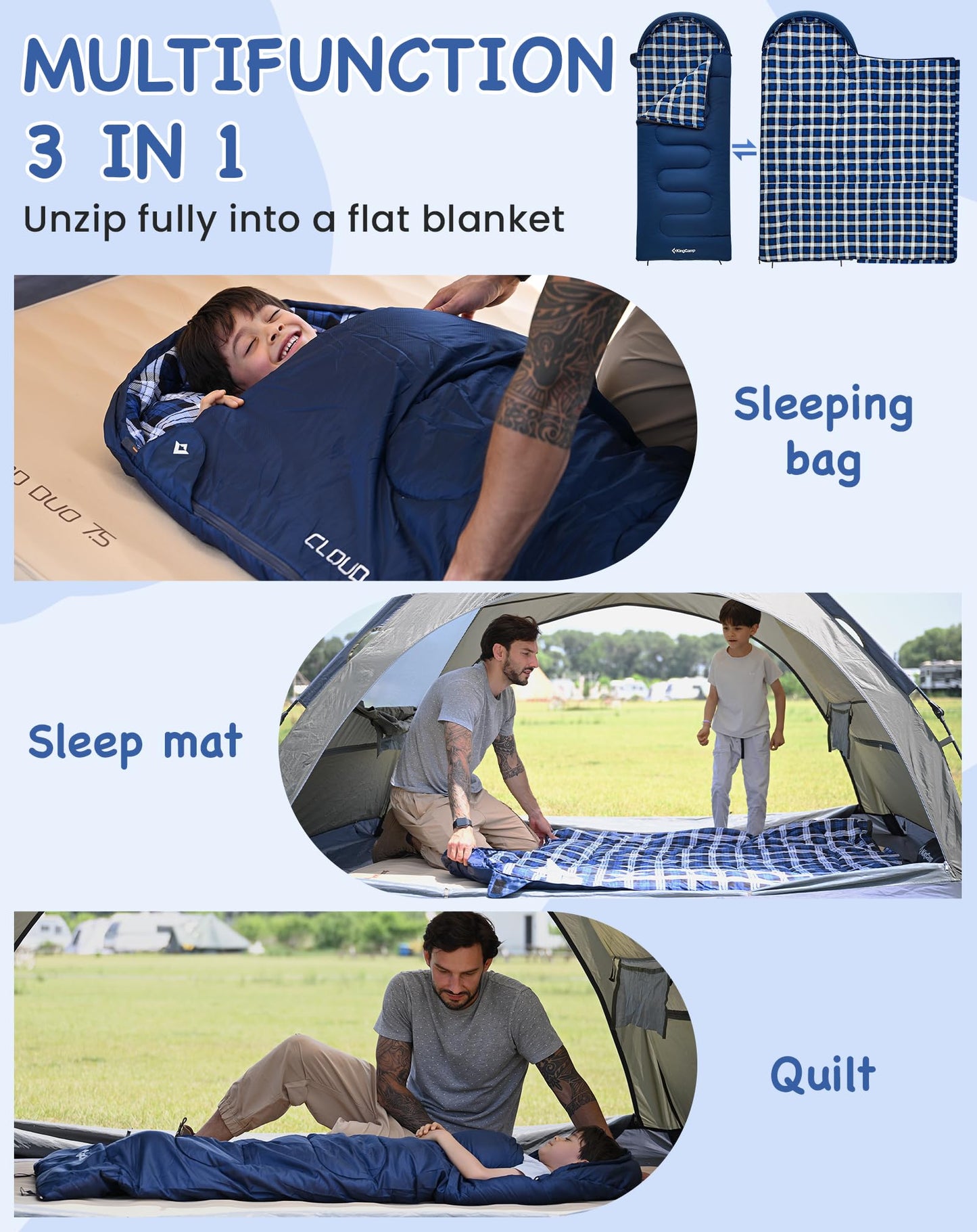 KingCamp CLOUDY Envelope Sleeping Bag with Hood for Children | Water-Resistant & Machine Washable