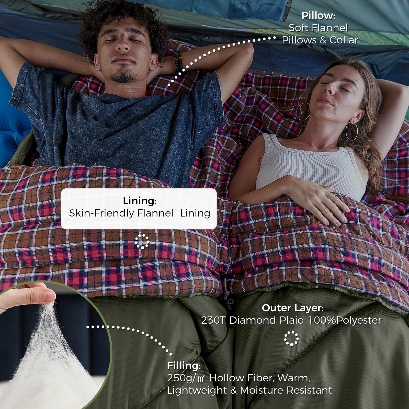 KingCamp FREESPACE 250D Double-Sized Sleeping Bag Olive Soft Flannel Pillow and Collar
