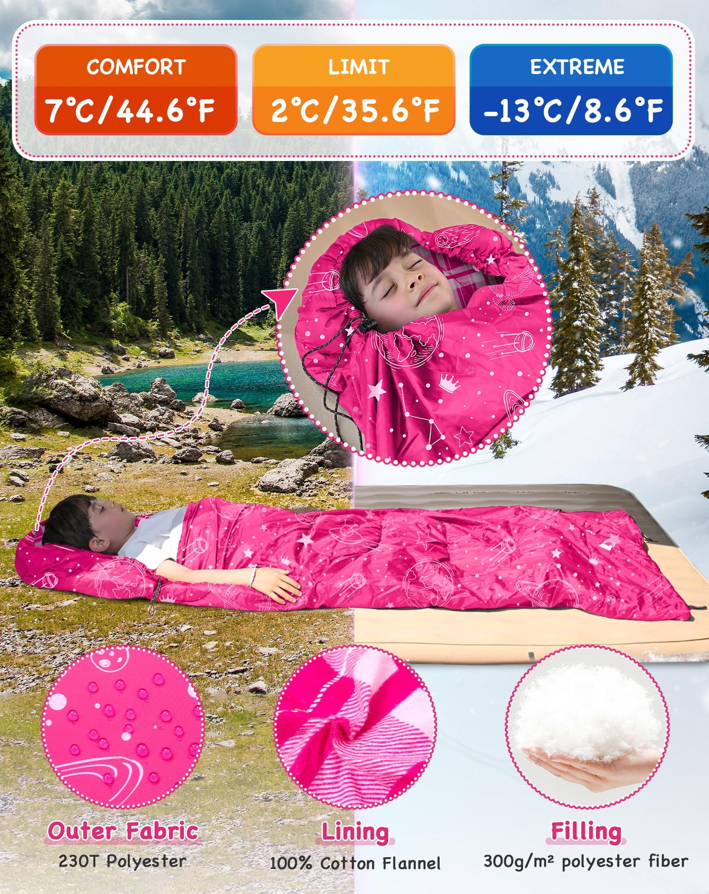 KingCamp Galaxy Zoo Children's Sleeping Bag – Adjustable Length for Growing Kids | 3 Season Camping & Sleepovers