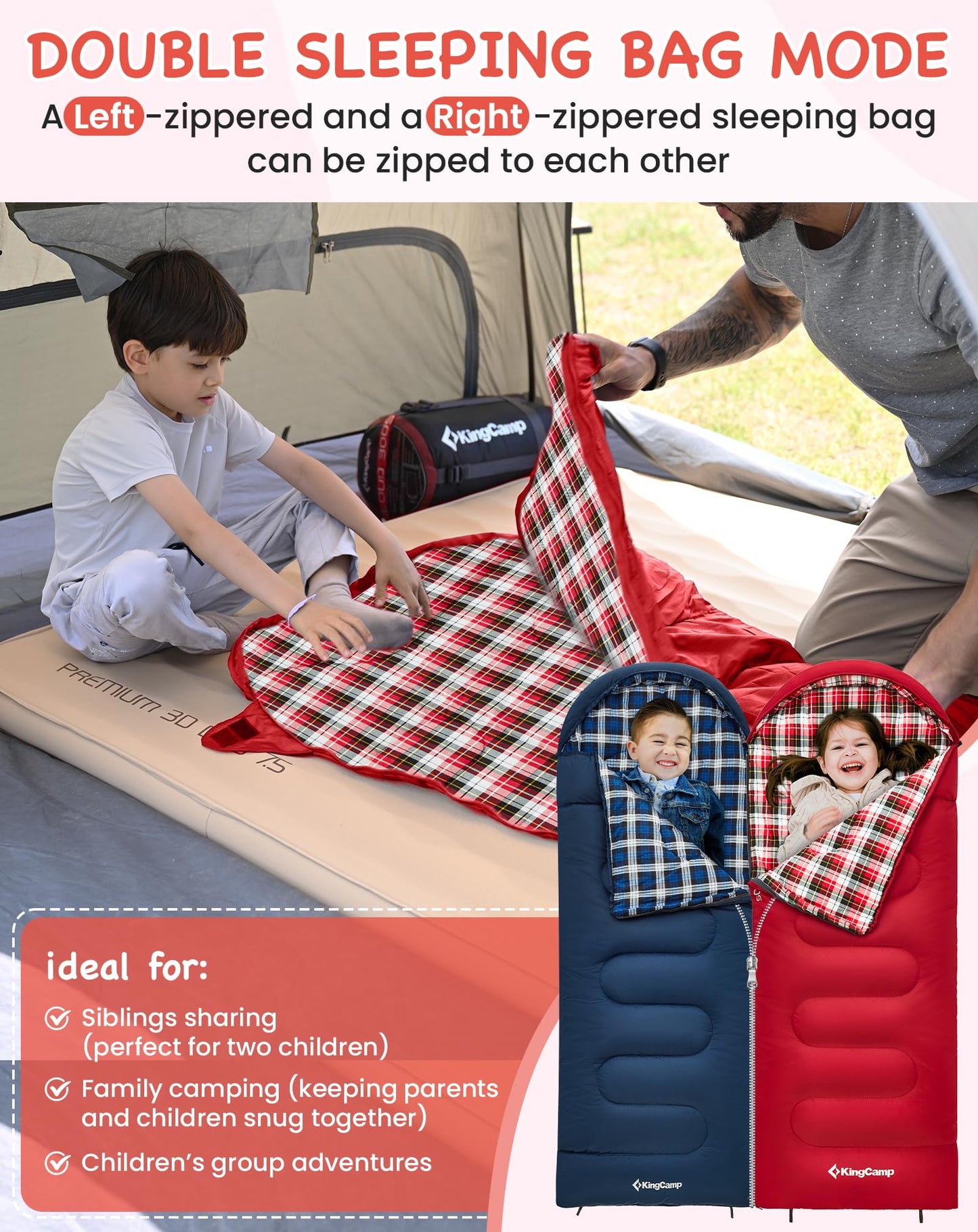 KingCamp CLOUDY Envelope Sleeping Bag with Hood for Children | Water-Resistant & Machine Washable