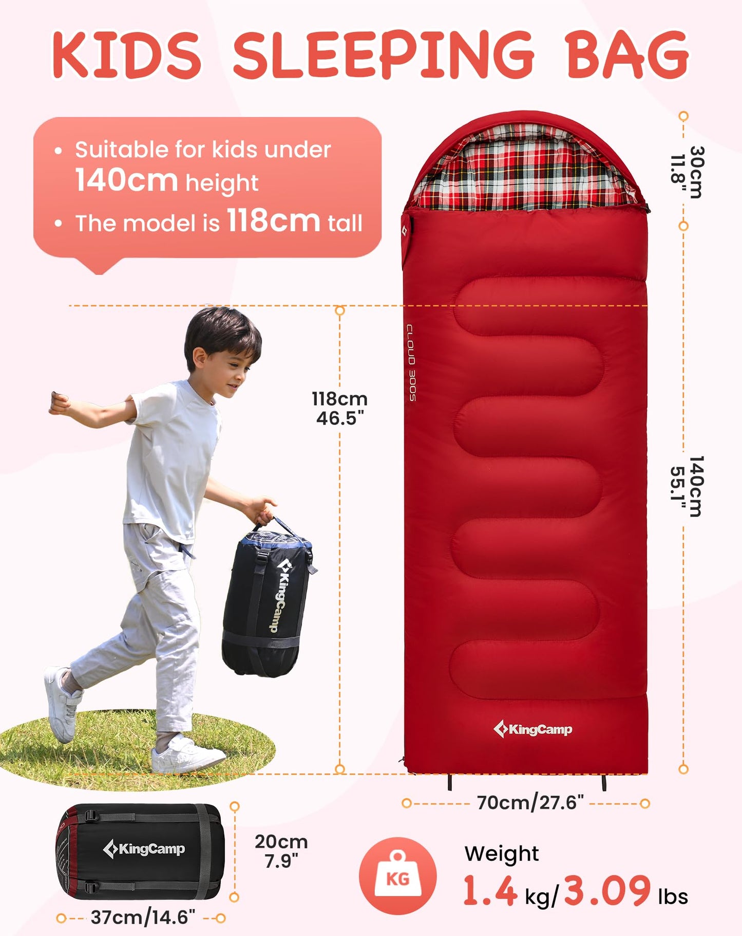 KingCamp CLOUDY Envelope Sleeping Bag with Hood for Children | Water-Resistant & Machine Washable