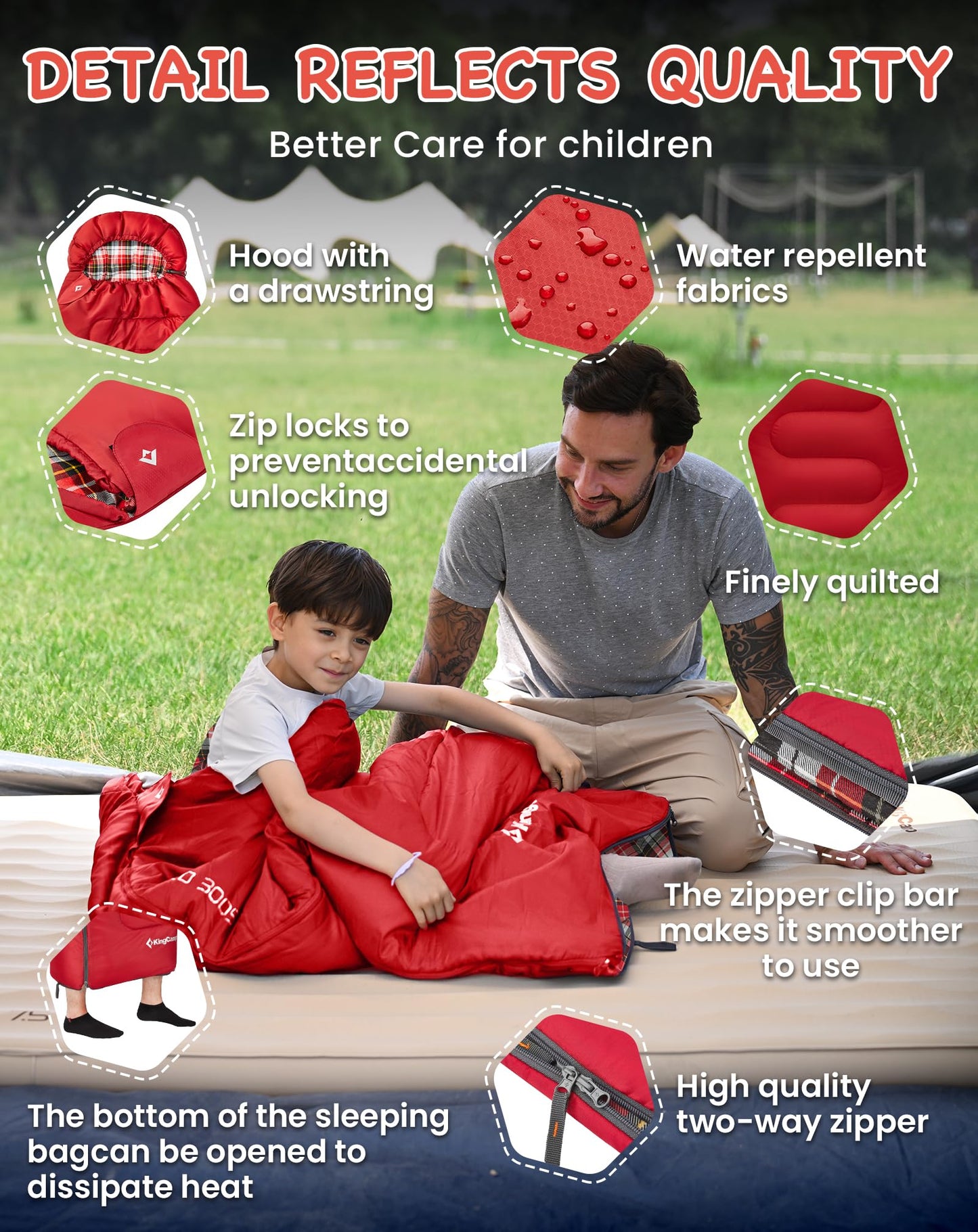 KingCamp CLOUDY Envelope Sleeping Bag with Hood for Children | Water-Resistant & Machine Washable