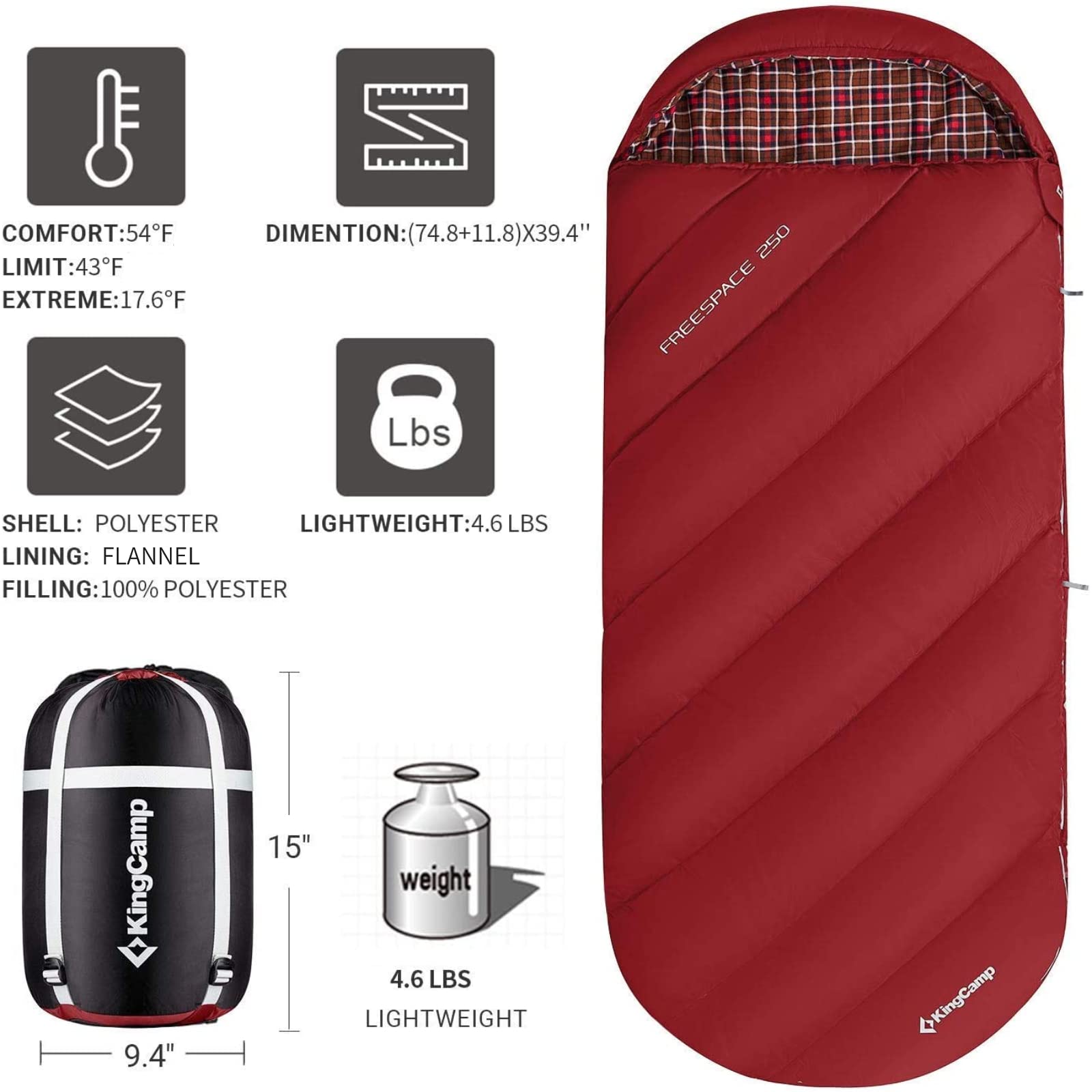 KingCamp FREESPACE 250 3-Season Plus Size Flannel Sleeping Bag Red