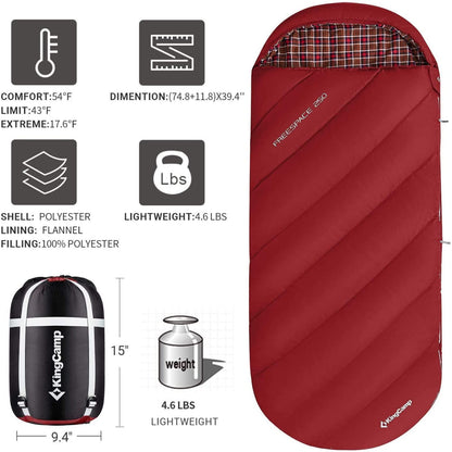 KingCamp FREESPACE 250 3-Season Plus Size Flannel Sleeping Bag Red