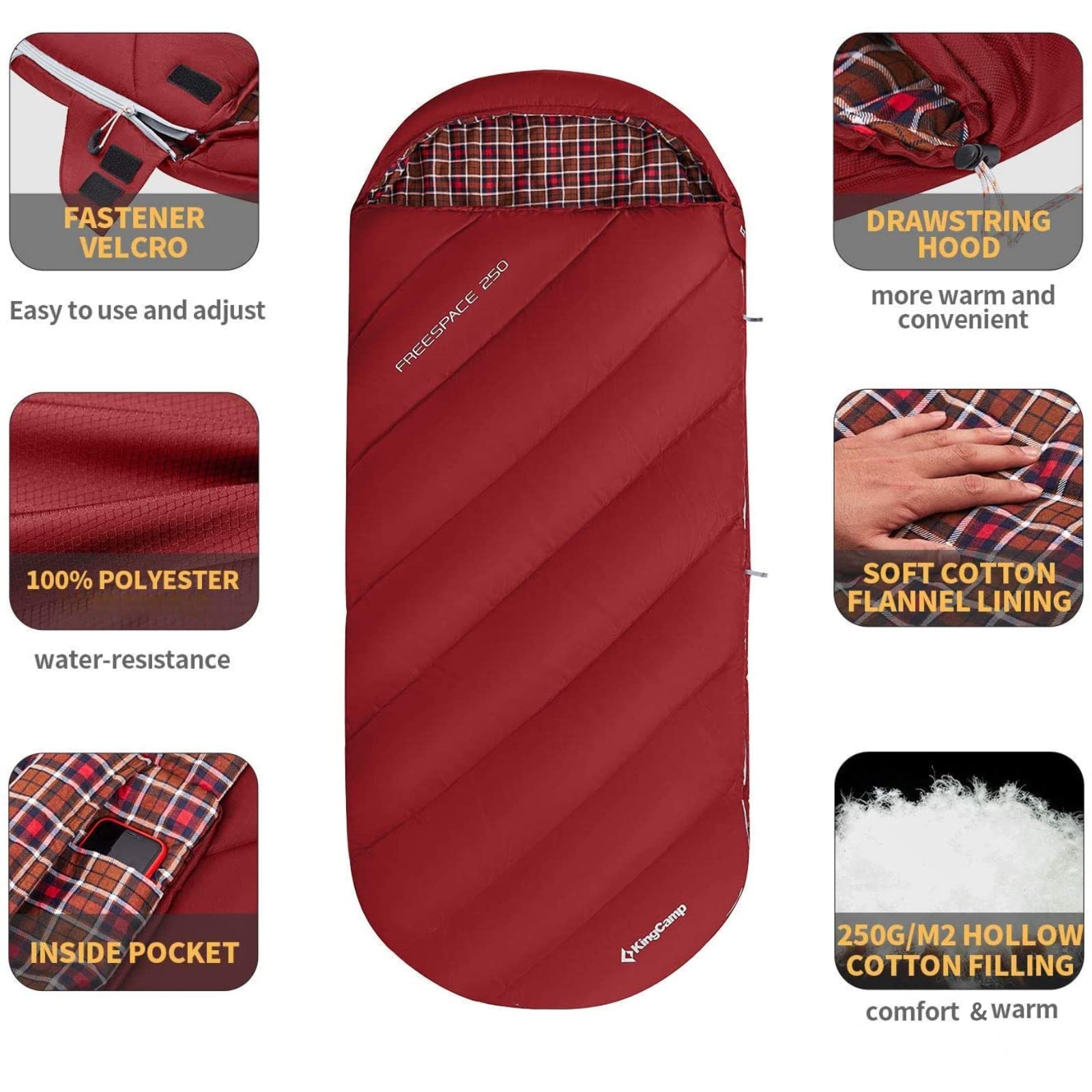 KingCamp FREESPACE 250 3-Season Plus Size Flannel Sleeping Bag Red