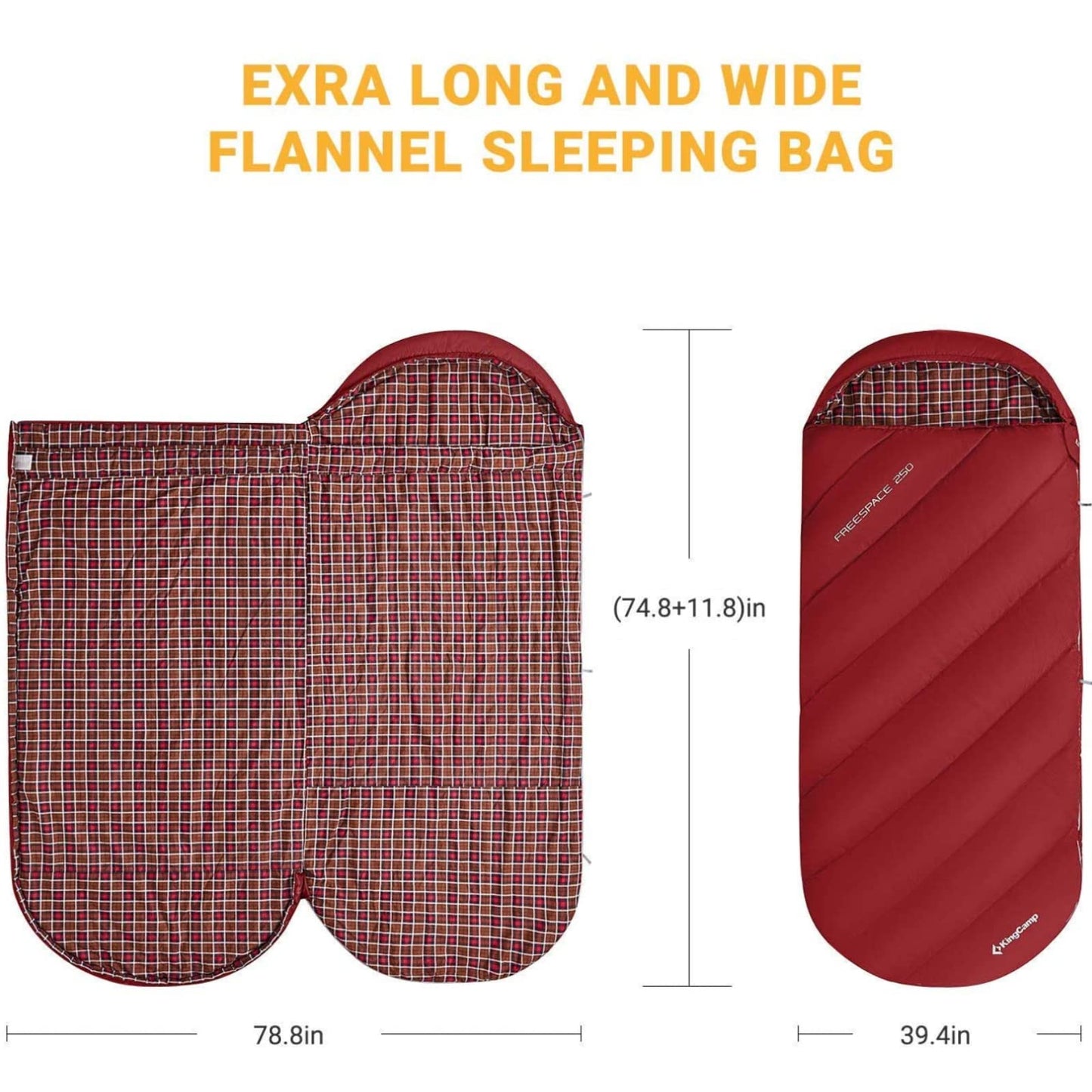KingCamp FREESPACE 250 3-Season Plus Size Flannel Sleeping Bag Red