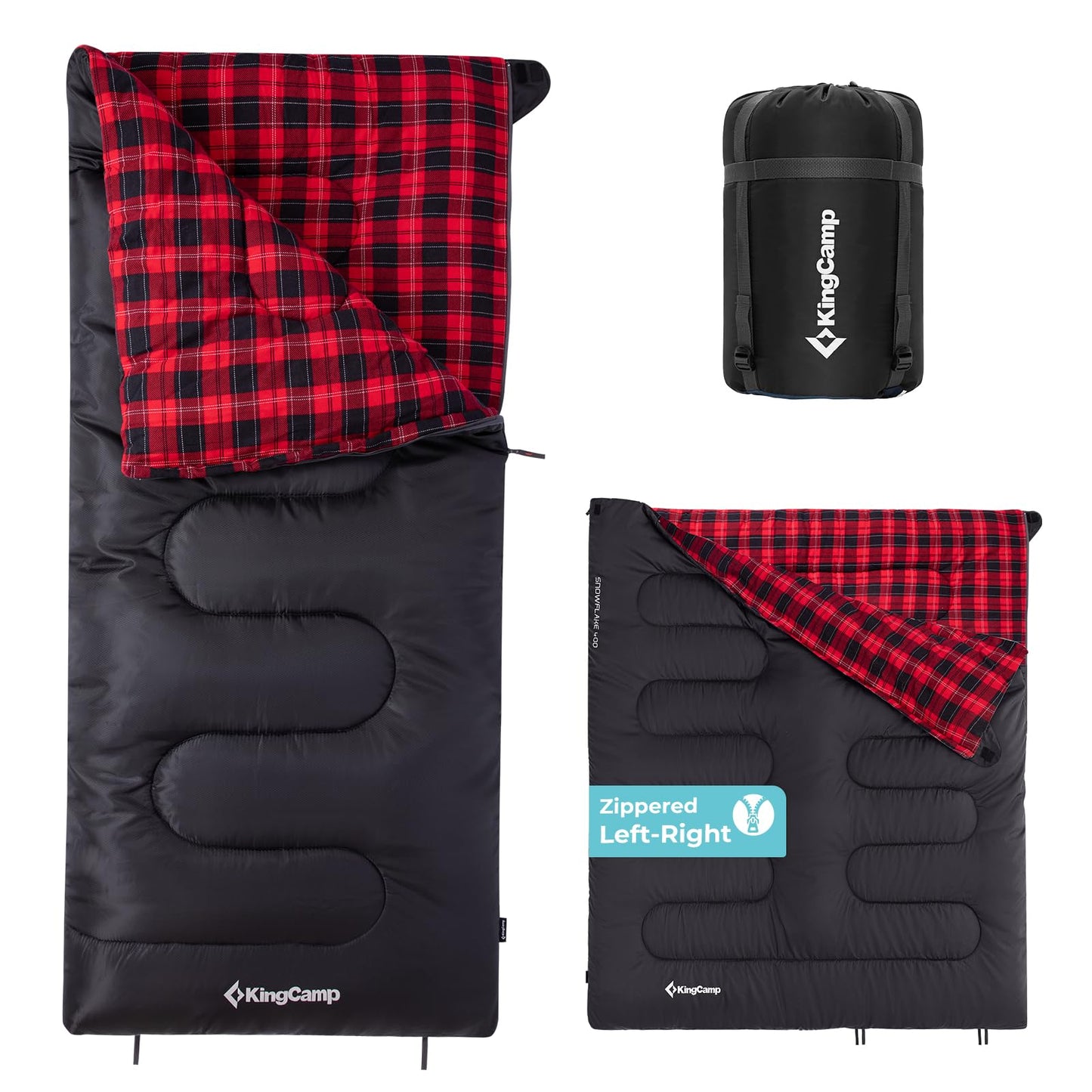 KingCamp SNOWFLAKE 400 Sleeping Bag Wide, Convertible to Double, Flannel Lined