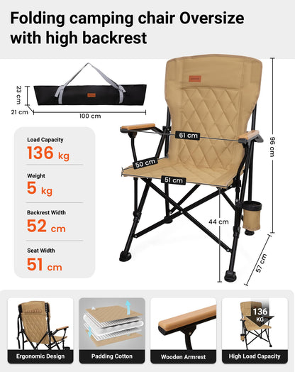 KingCamp Guava C00 Folding Camping Chair with Beech Wood Armrests – Padded Ergonomic High Back