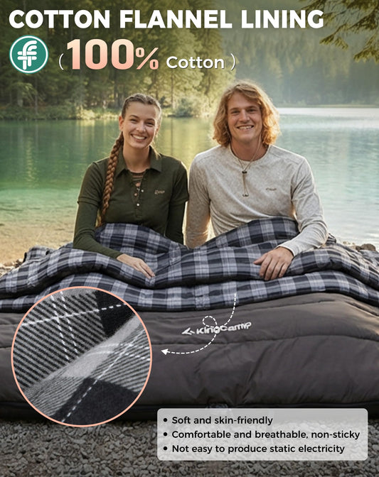 NEW | KingCamp Trippy C 450D Double Sleeping Bag with Pillows – Cotton Flannel 4-Season Comfort