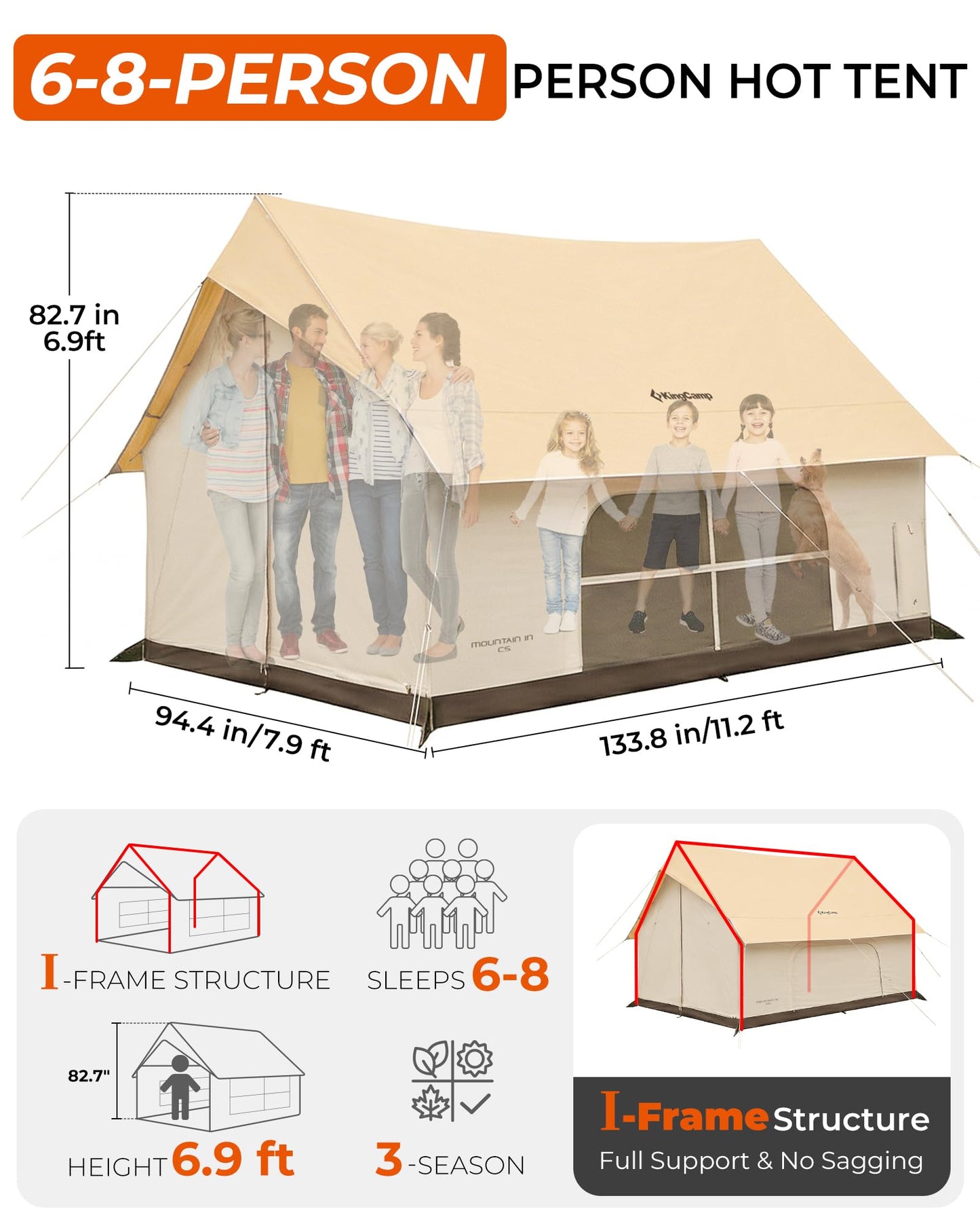 NEW | KingCamp MOUNTAIN IN C5 6–8 Man Canvas Cabin Tent with Stove Jack – Waterproof & Windproof