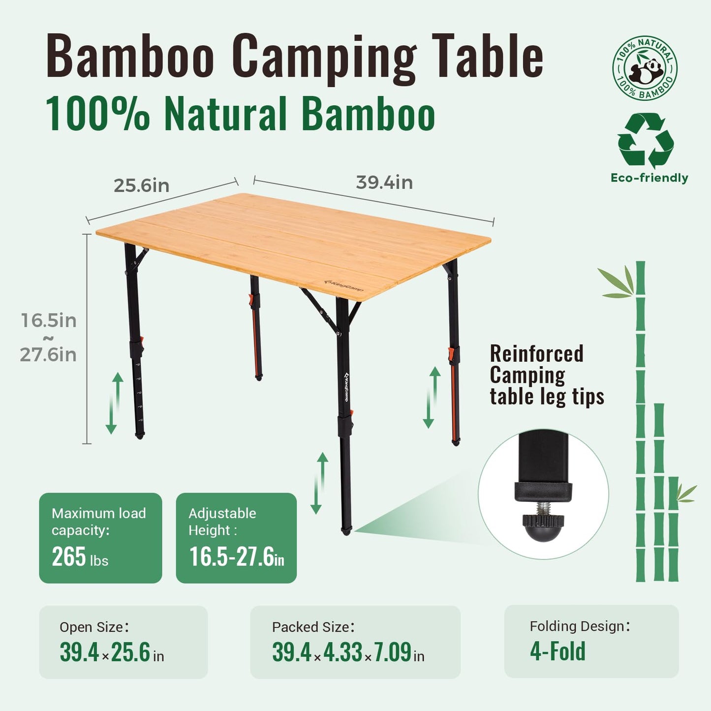 NEW | KingCamp BamAura 4Fold 10065 PLUS Bamboo Camping Table with Adjustable Legs 39.4 x 25.6 in