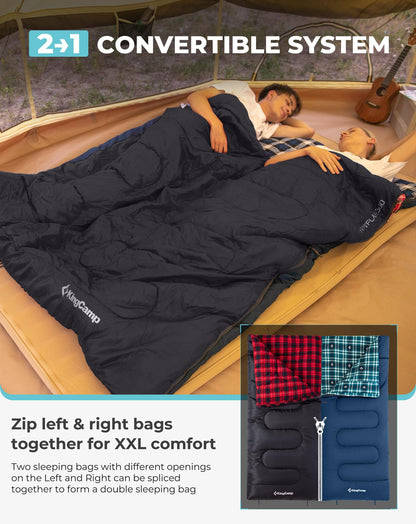 KingCamp SNOWFLAKE 400 Sleeping Bag Wide, Convertible to Double, Flannel Lined
