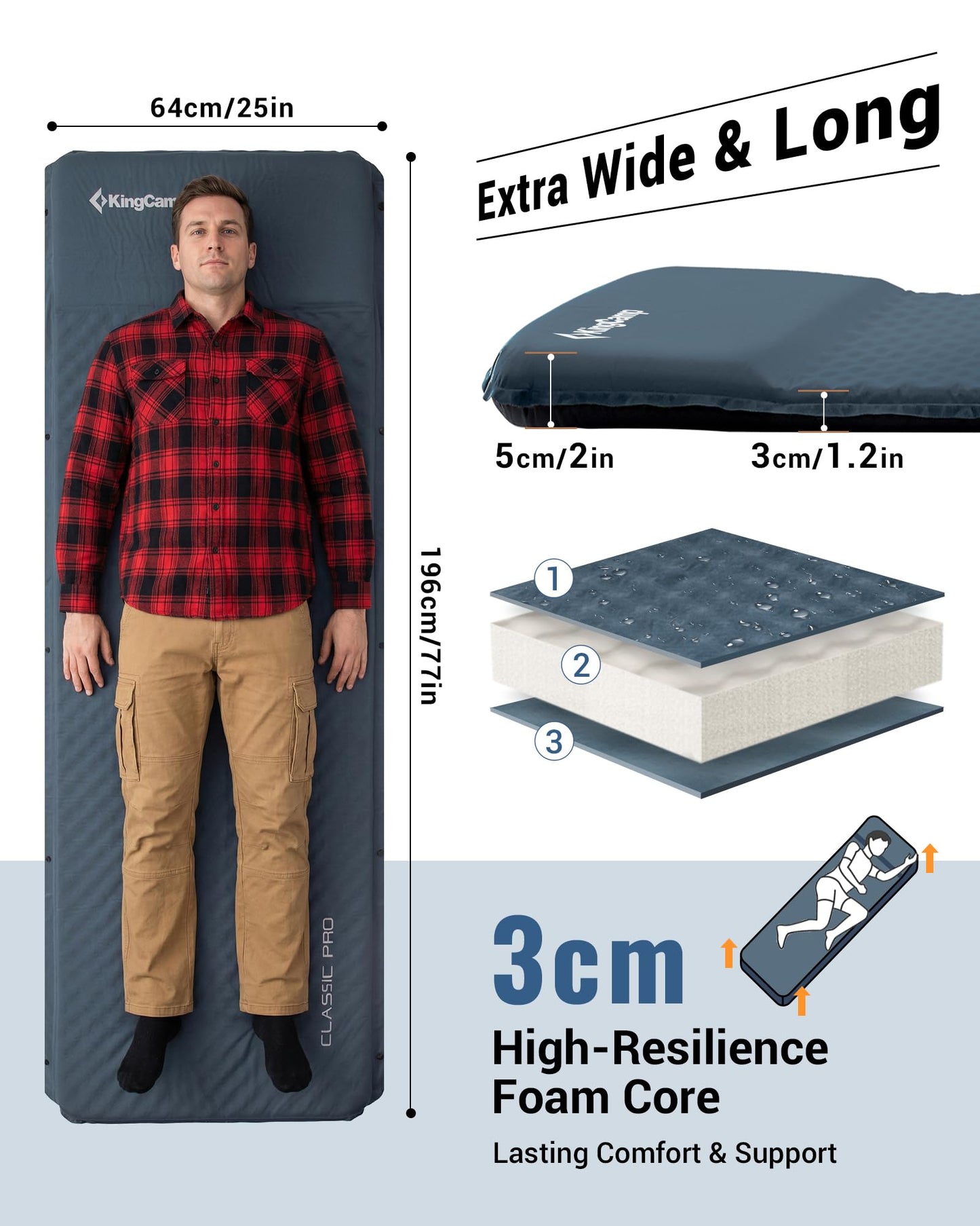 KingCamp Single Self-inflating pad PRO 3.0 Sleeping Mat – 3cm Foam Built-in Pillow 77.2 × 25.2 × 1.2in