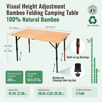 NEW | KingCamp BamAura 2Fold 12070 PLUS Bamboo Camping Table with Adjustable Legs 47.2 x 27.6in