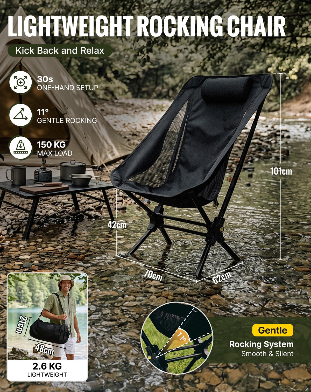 NEW | KingCamp Lightweight Highback Chair – Gentle Rocking Folding Camping Chair