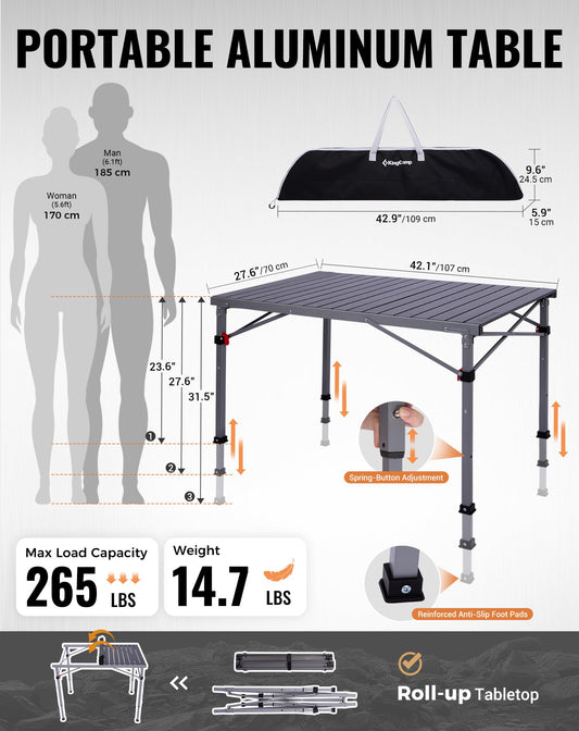 NEW | KingCamp AluVenture 10770 Aluminium Roll-Top Camping Table – 42.1 × 27.6in  Adjustable Height