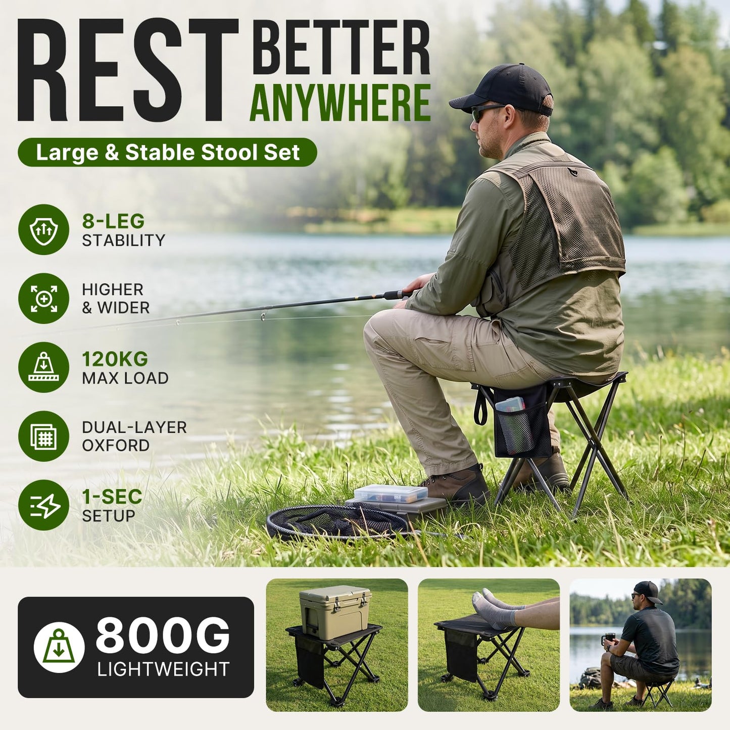 NEW | KingCamp CubeGo Wide M 2 Pack Folding Camping Stools – Large Seat, 120kg Capacity