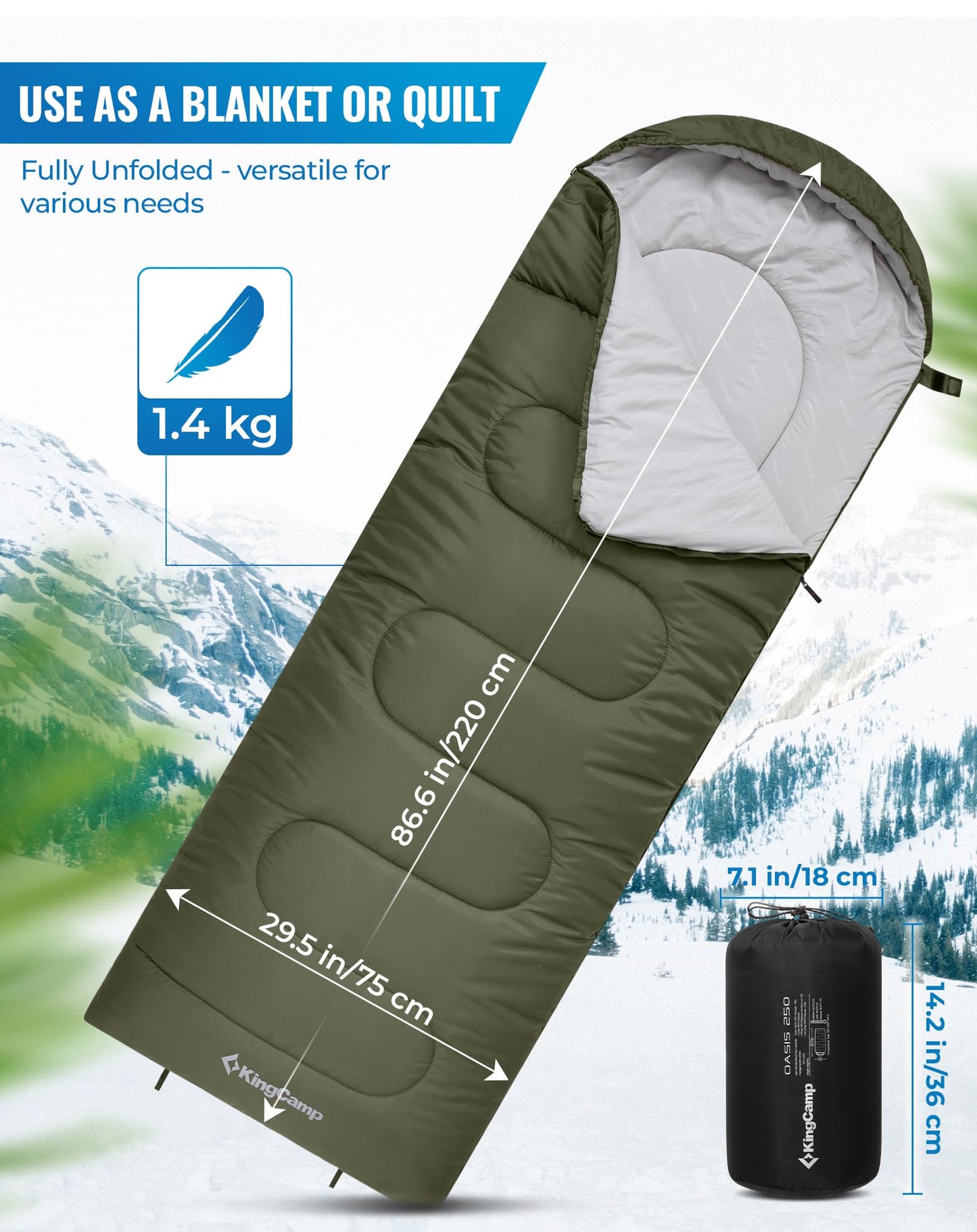 KingCamp Oasis 250 SET Sleeping Bag – 3–4 Season Zip-Connectable to Double