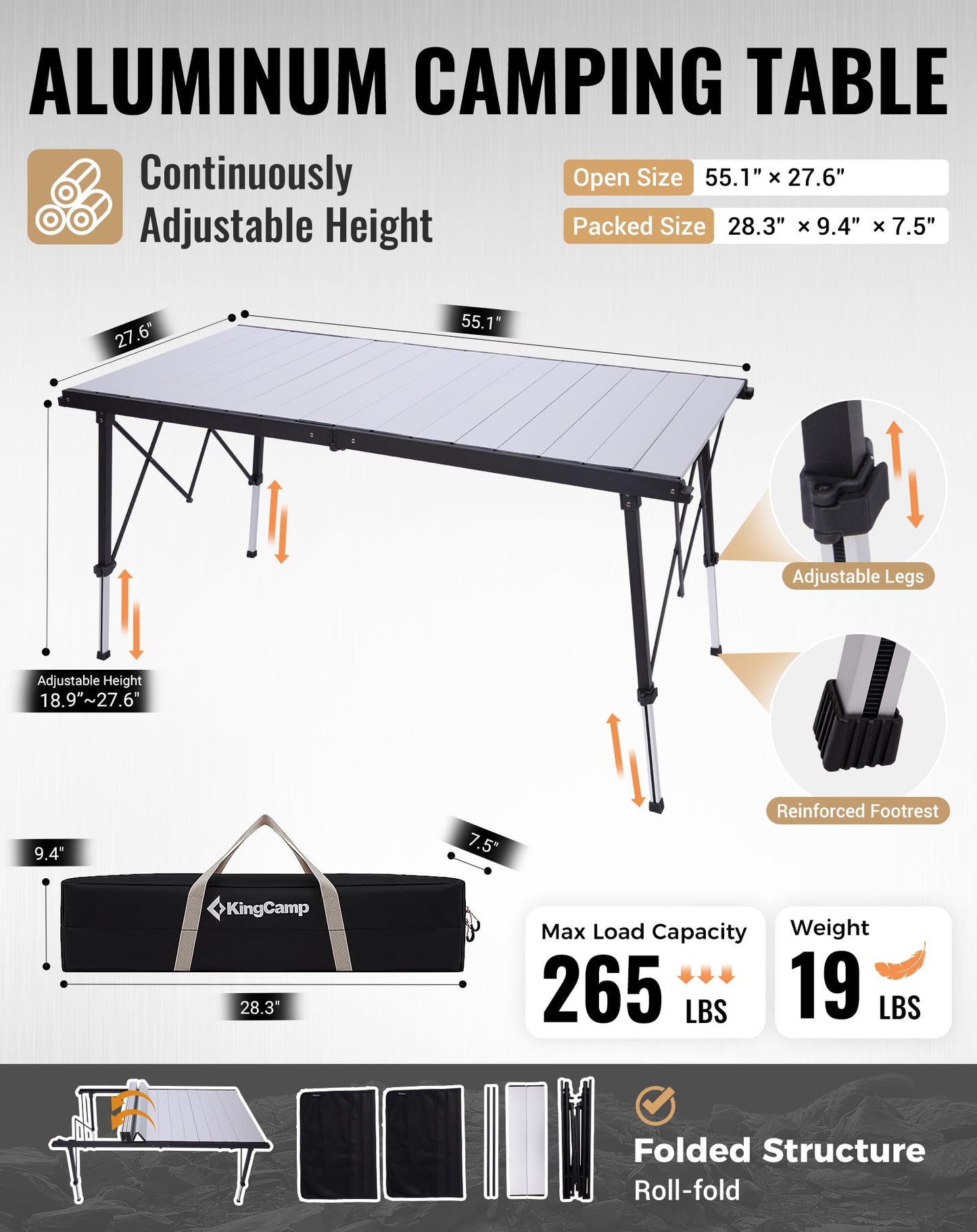 NEW | KingCamp AluVenture 14070 Aluminium Roll-Top Camping Table – 55.1 × 27.6in  Adjustable Height