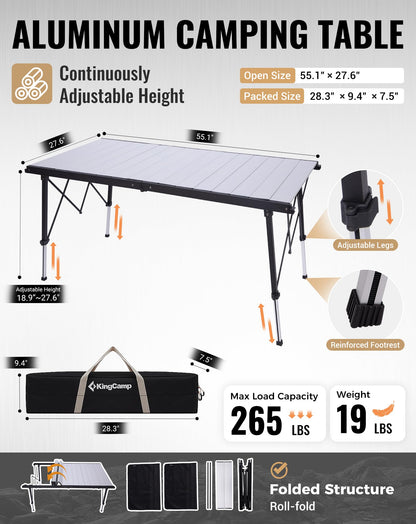 NEW | KingCamp AluVenture 14070 Aluminium Roll-Top Camping Table – 55.1 × 27.6in  Adjustable Height