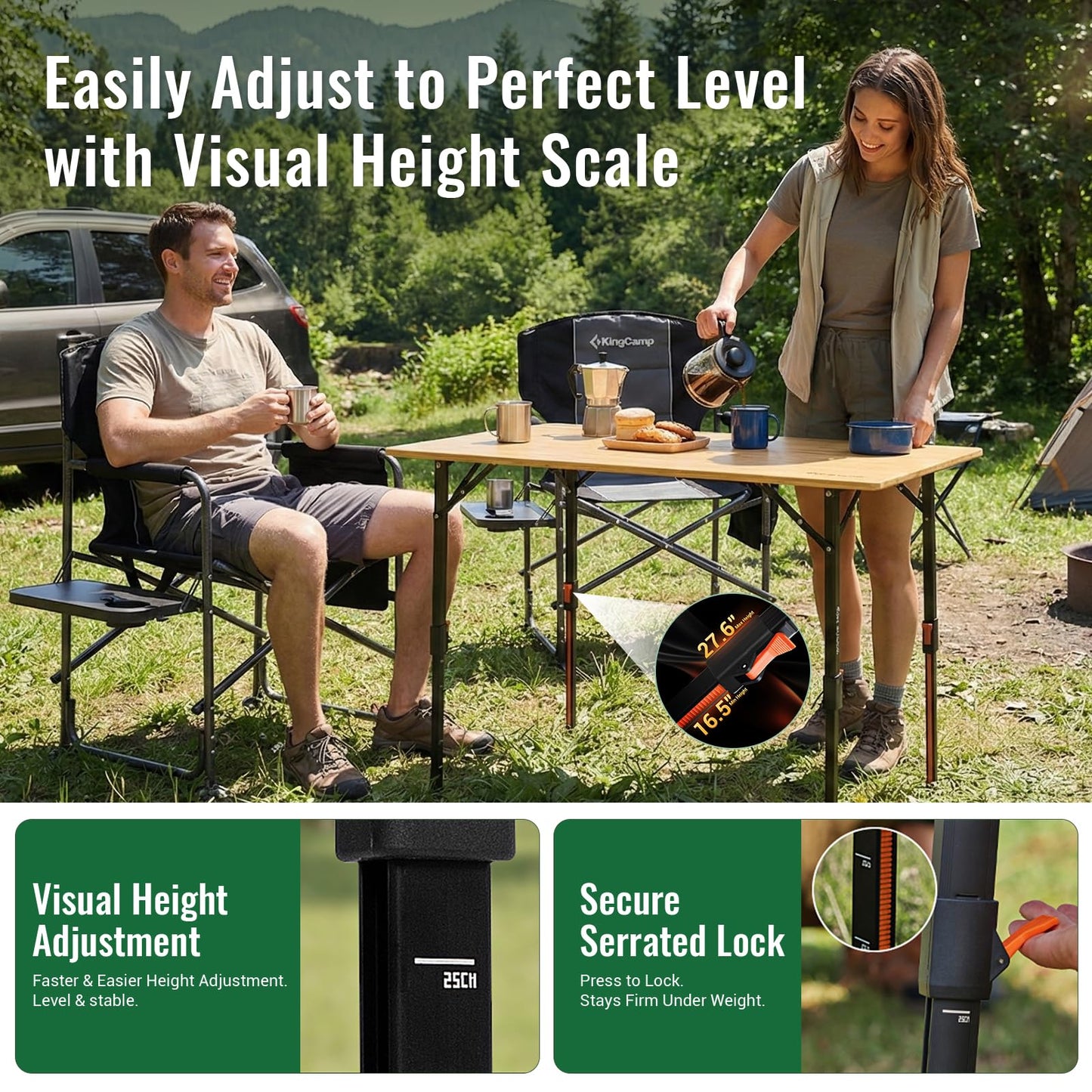 NEW | KingCamp BamAura 4Fold 10065 PLUS Bamboo Camping Table with Adjustable Legs 39.4 x 25.6 in