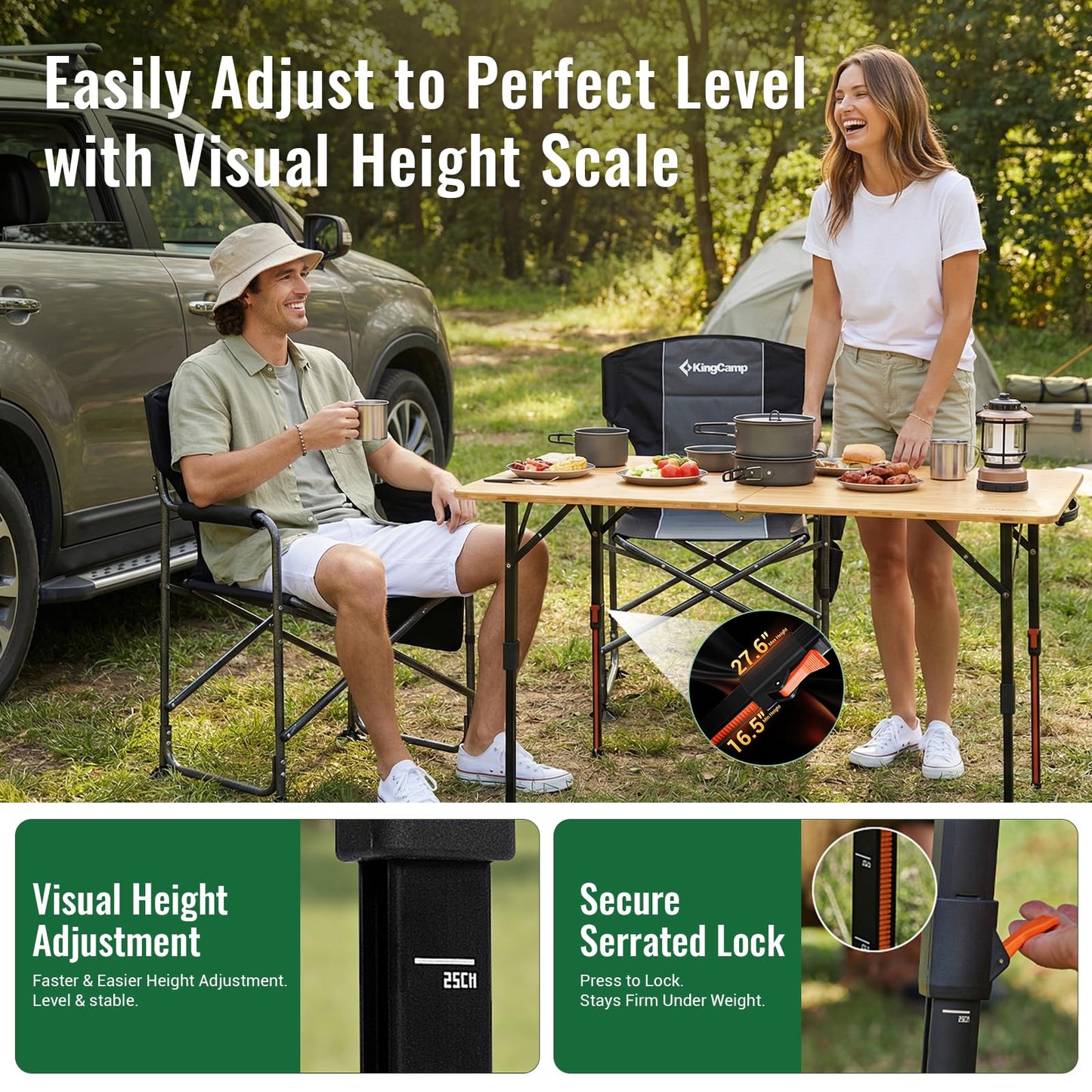 NEW | KingCamp BamAura 2Fold 12070 PLUS Bamboo Camping Table with Adjustable Legs 47.2 x 27.6in