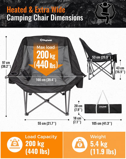 KingCamp Canna C10 Heated Double Camping Chair – Padded Loveseat with Cup & Glass Holders