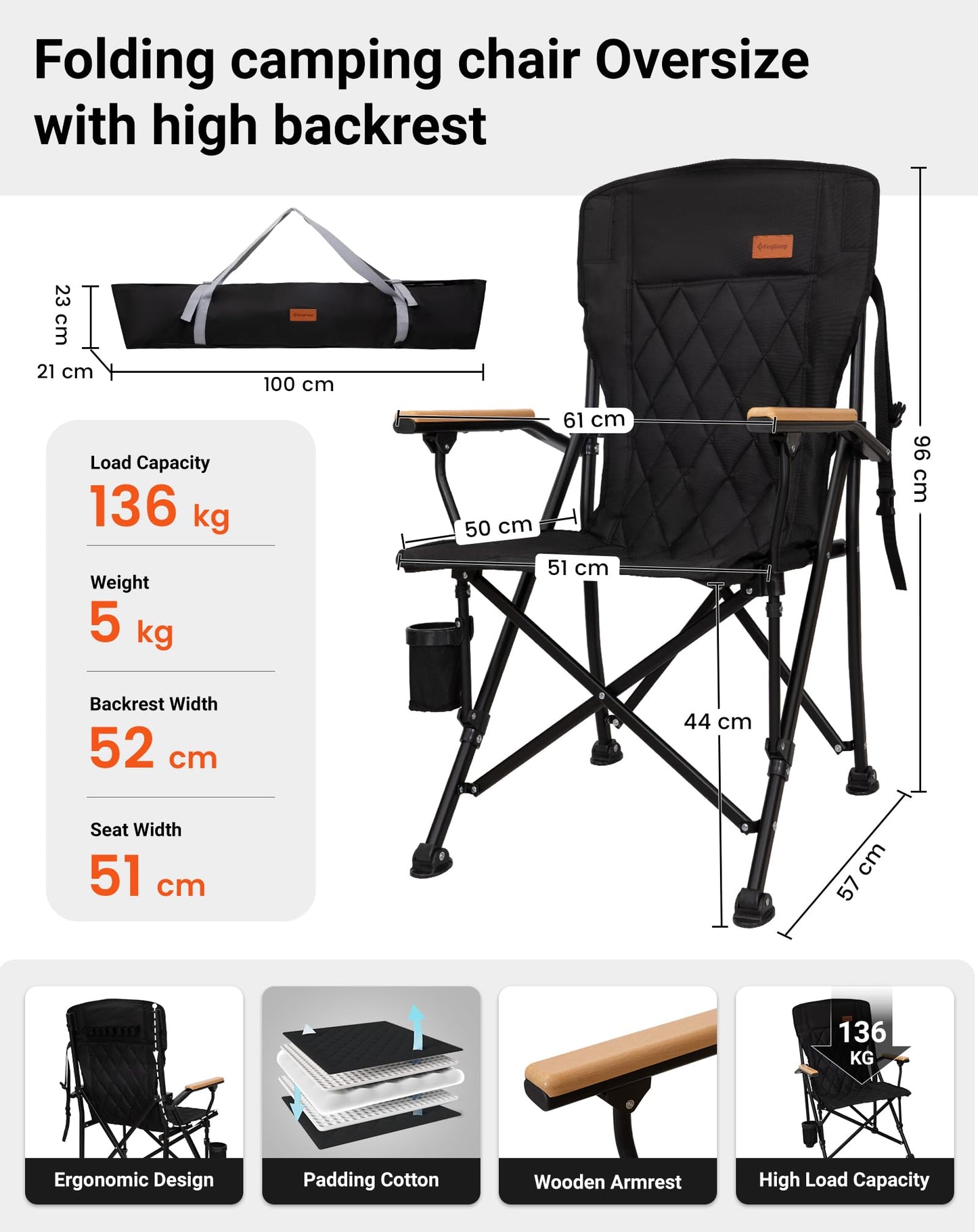KingCamp Guava C00 Folding Camping Chair with Beech Wood Armrests – Padded Ergonomic High Back