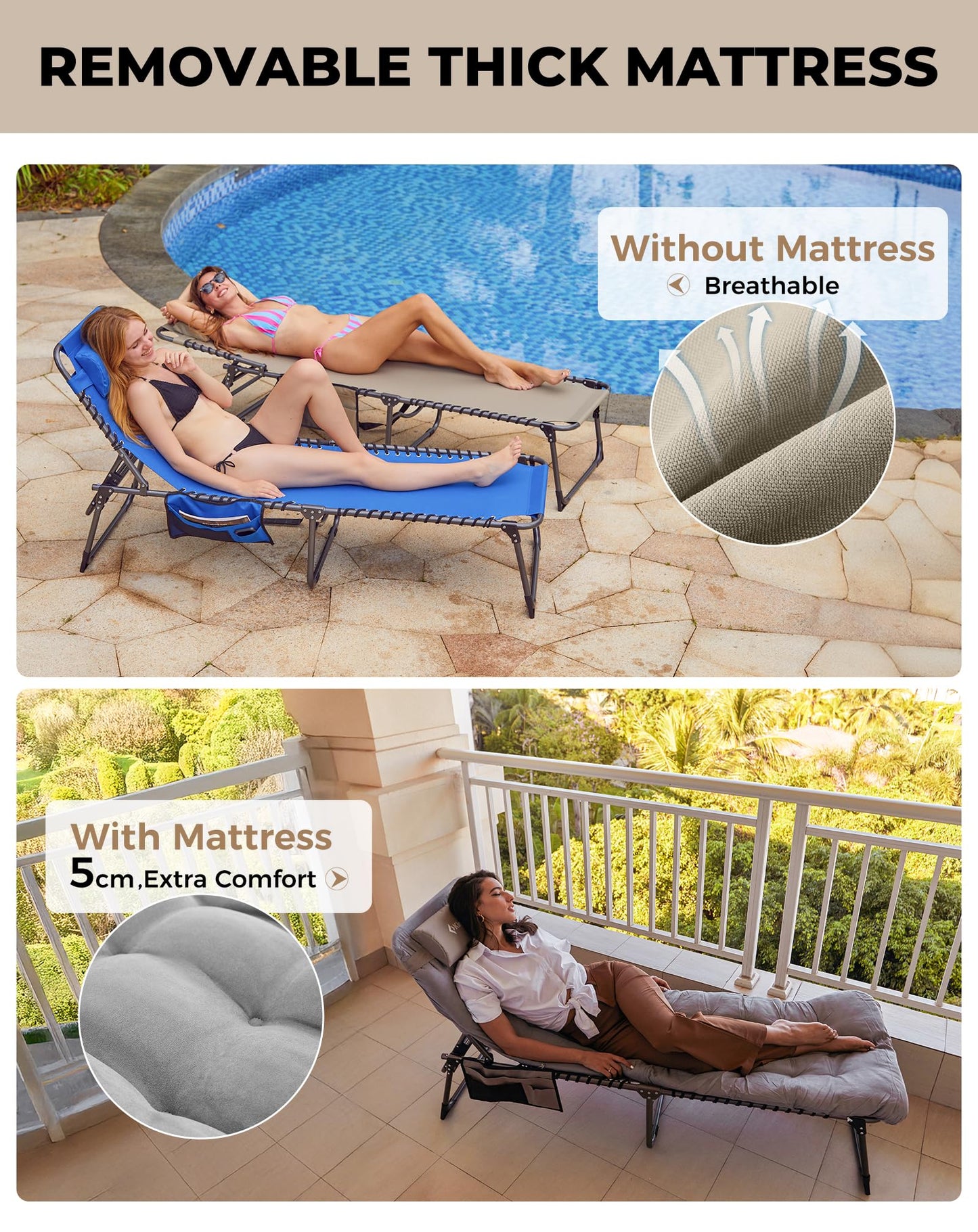 NEW | KingCamp Magnolia B40 Sun Lounger Set with Mattress – 5-Position Adjustable Heavy Duty Design