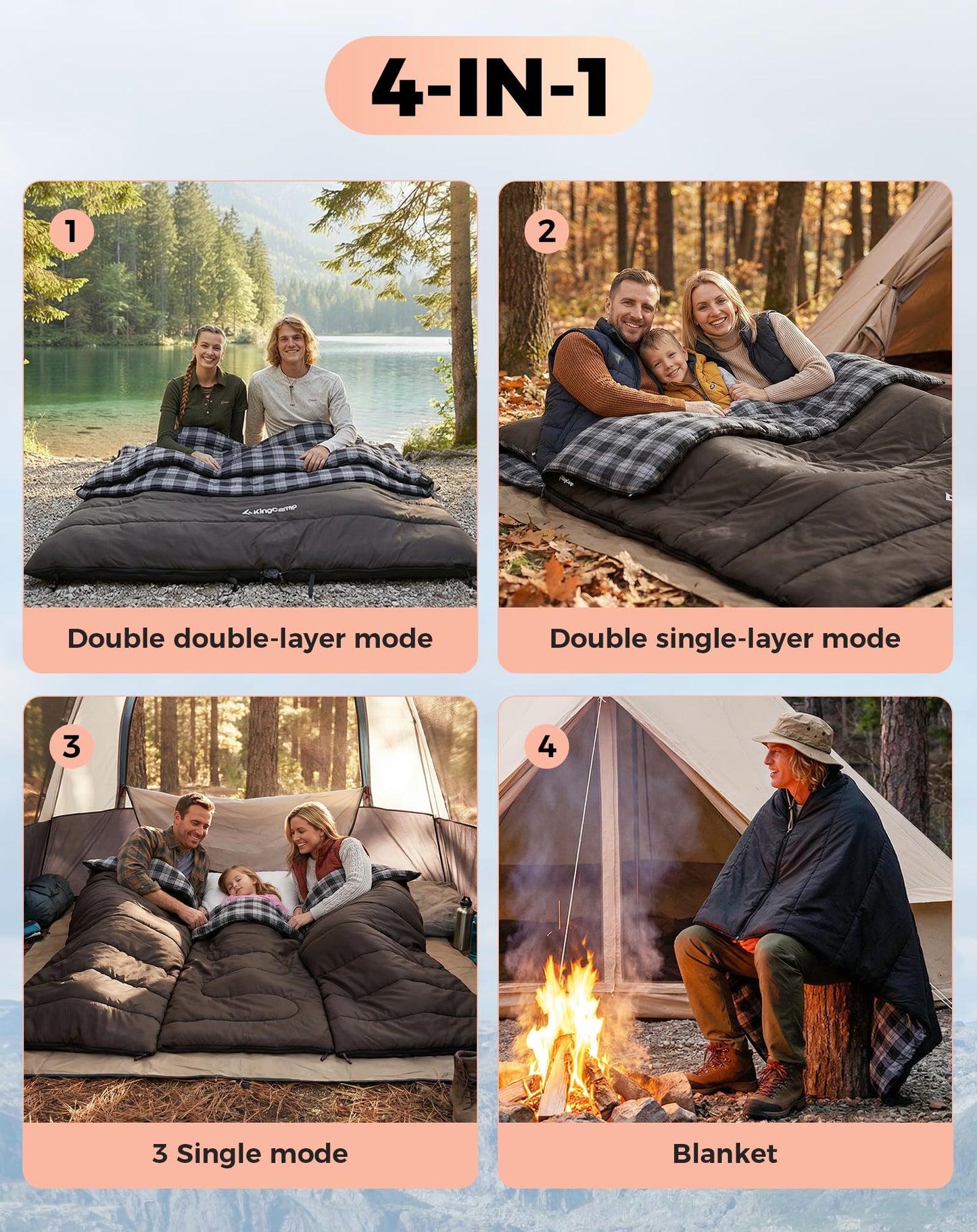 NEW | KingCamp Trippy C 450D Double Sleeping Bag with Pillows – Cotton Flannel 4-Season Comfort