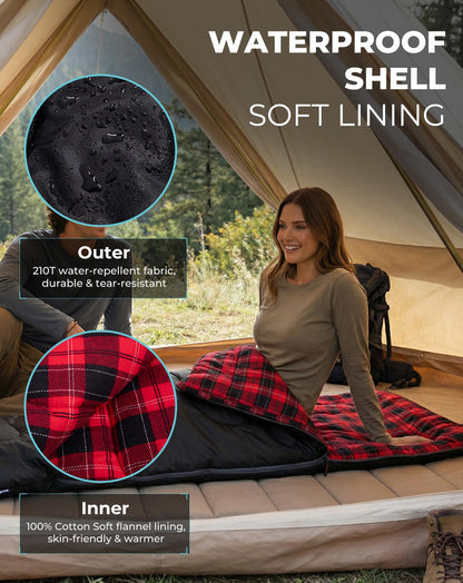 KingCamp SNOWFLAKE 400 Sleeping Bag Wide, Convertible to Double, Flannel Lined