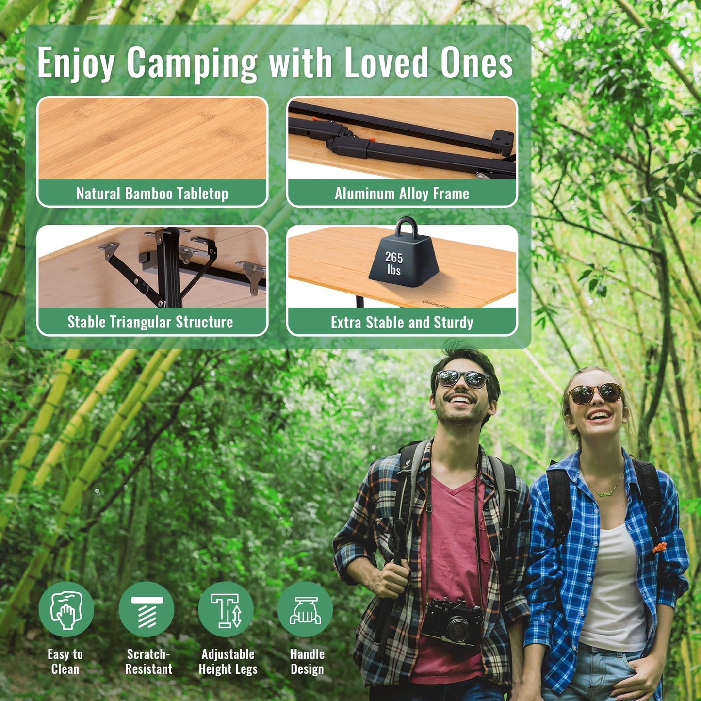 NEW | KingCamp BamAura 4Fold 10065 PLUS Bamboo Camping Table with Adjustable Legs 39.4 x 25.6 in