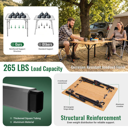NEW | KingCamp BamAura 4Fold 8060 PLUS Bamboo Camping Table with Adjustable Legs 31.5 x 23.6 in