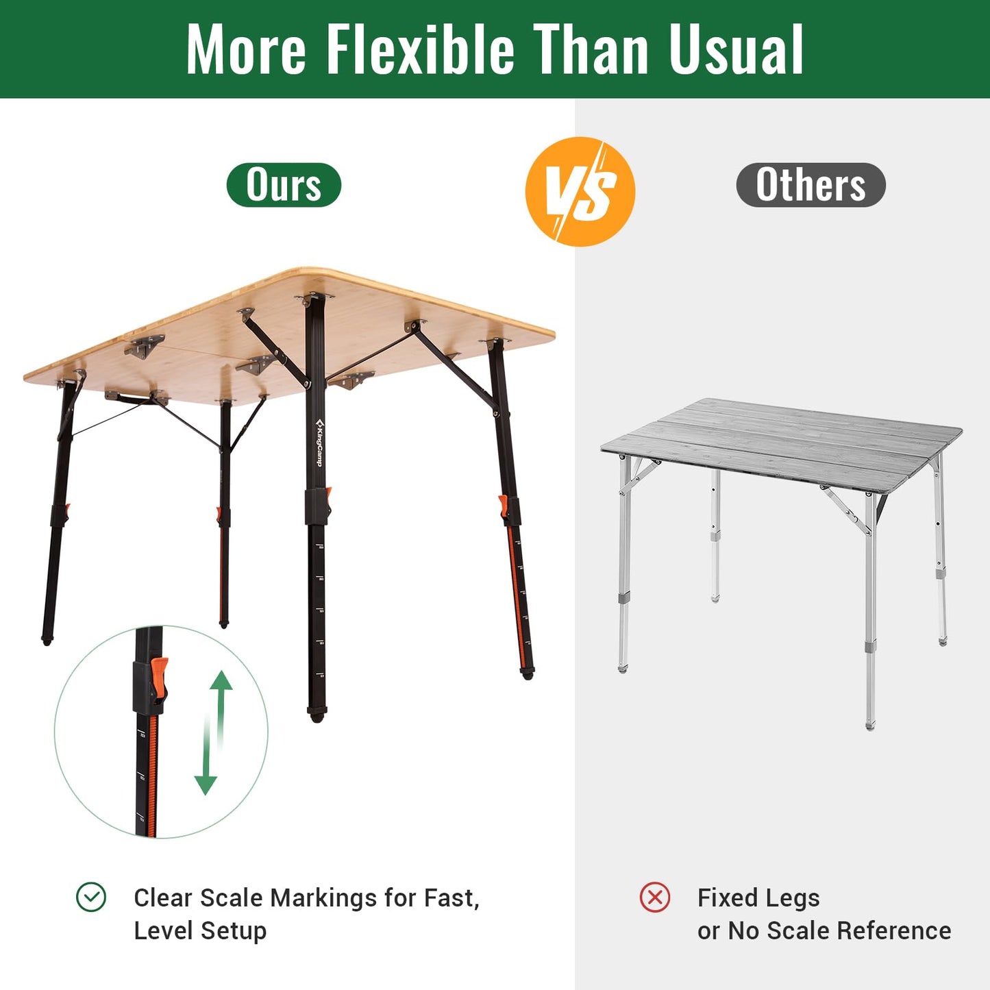 NEW | KingCamp BamAura 2Fold 12070 PLUS Bamboo Camping Table with Adjustable Legs 47.2 x 27.6in
