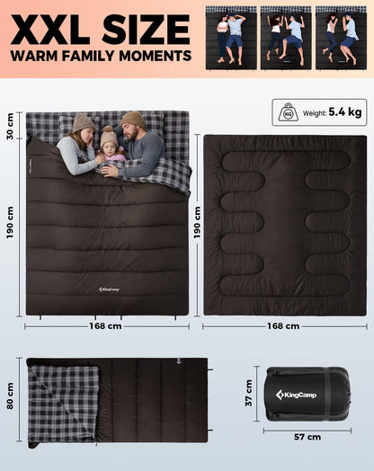 NEW | KingCamp Trippy C 450D Double Sleeping Bag with Pillows – Cotton Flannel 4-Season Comfort