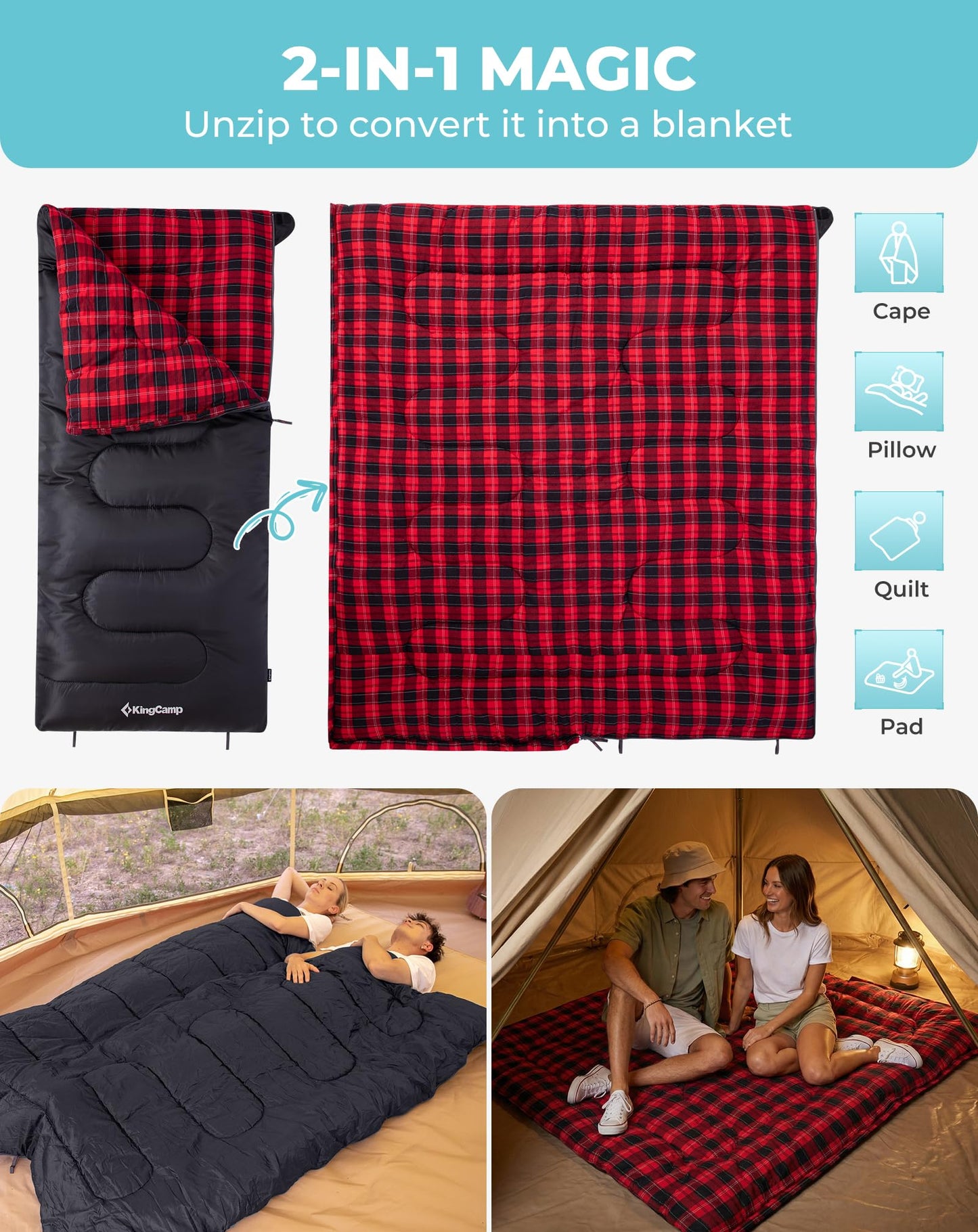 KingCamp SNOWFLAKE 400 Sleeping Bag Wide, Convertible to Double, Flannel Lined