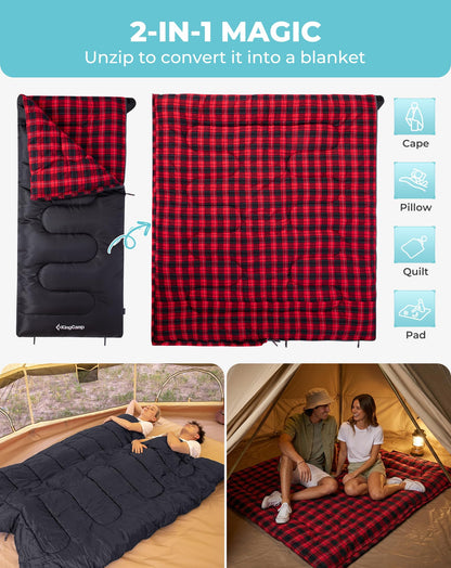 KingCamp SNOWFLAKE 400 Sleeping Bag Wide, Convertible to Double, Flannel Lined