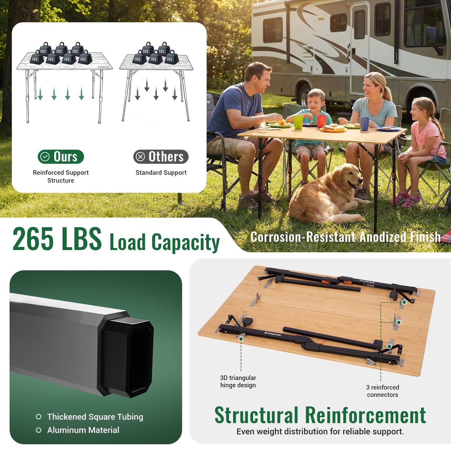 NEW | KingCamp BamAura 4Fold 10065 PLUS Bamboo Camping Table with Adjustable Legs 39.4 x 25.6 in