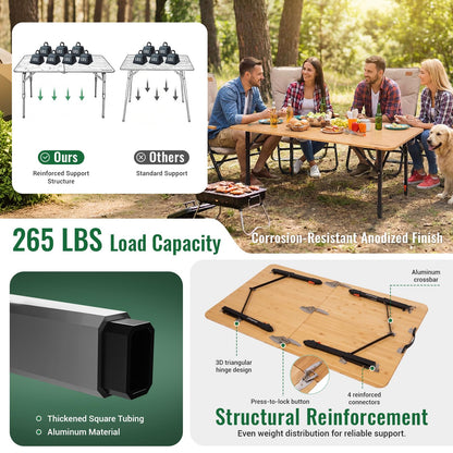 NEW | KingCamp BamAura 2Fold 12070 PLUS Bamboo Camping Table with Adjustable Legs 47.2 x 27.6in