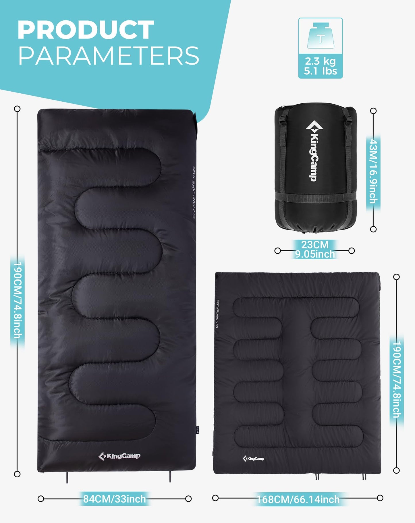 KingCamp SNOWFLAKE 400 Sleeping Bag Wide, Convertible to Double, Flannel Lined