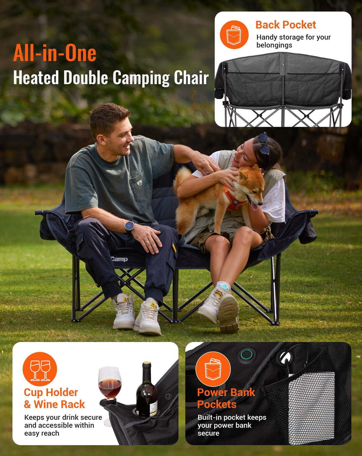 KingCamp CANNA C20 HEATED Oversized Double Camping Chair – 3 Heat Levels
