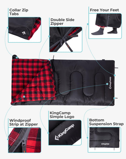 KingCamp SNOWFLAKE 400 Sleeping Bag Wide, Convertible to Double, Flannel Lined