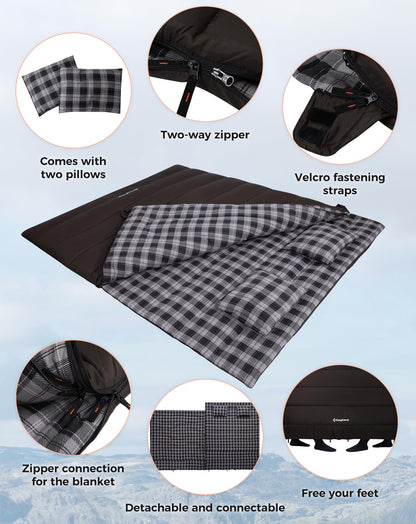 NEW | KingCamp Trippy C 450D Double Sleeping Bag with Pillows – Cotton Flannel 4-Season Comfort