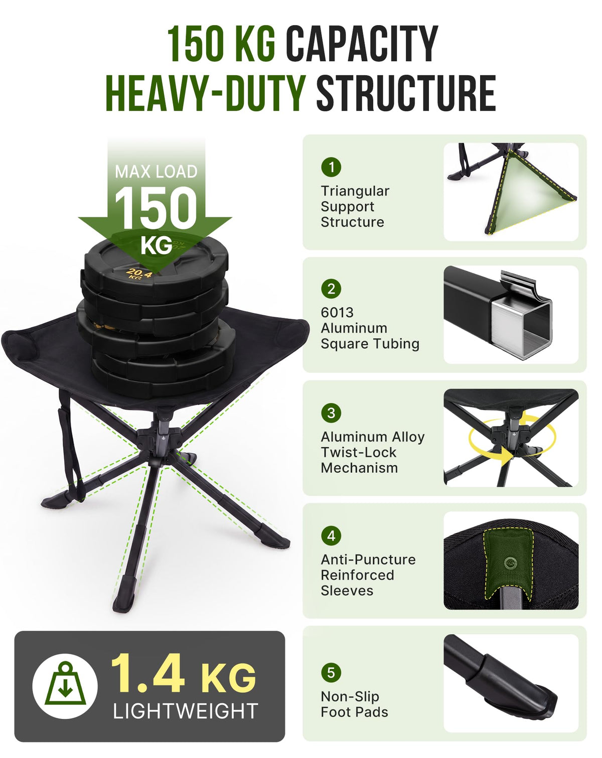 NEW | KingCamp Lightweight Swivel Stool – 360° Rotation, Adjustable Height