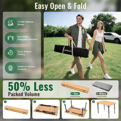 NEW | KingCamp BamAura 4Fold 10065 PLUS Bamboo Camping Table with Adjustable Legs 39.4 x 25.6 in