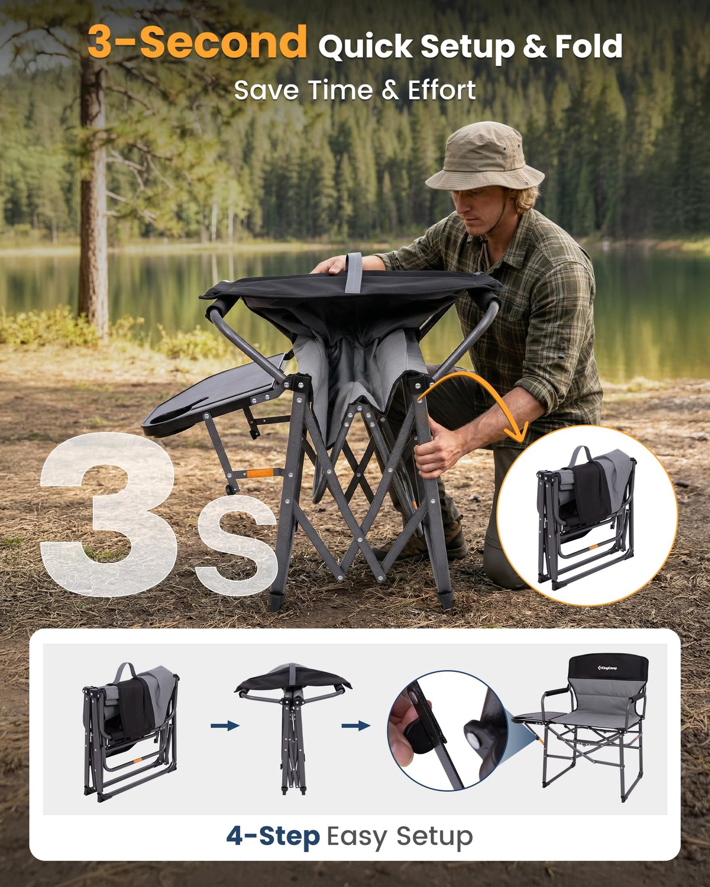 NEW | KingCamp Ash C30 Director’s Chair – Extra Wide, Heavy Duty Frame with Side Table