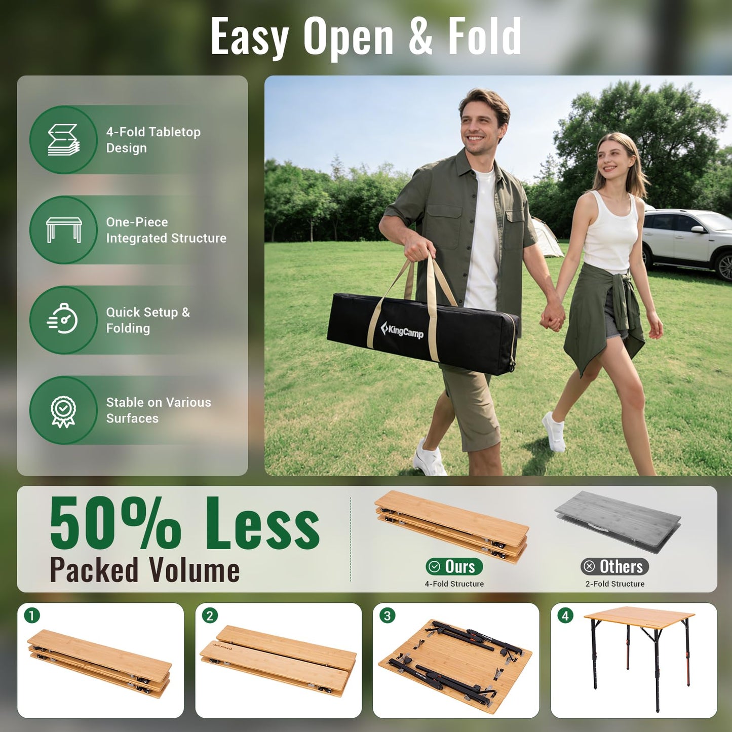 NEW | KingCamp BamAura 4Fold 8060 PLUS Bamboo Camping Table with Adjustable Legs 31.5 x 23.6 in